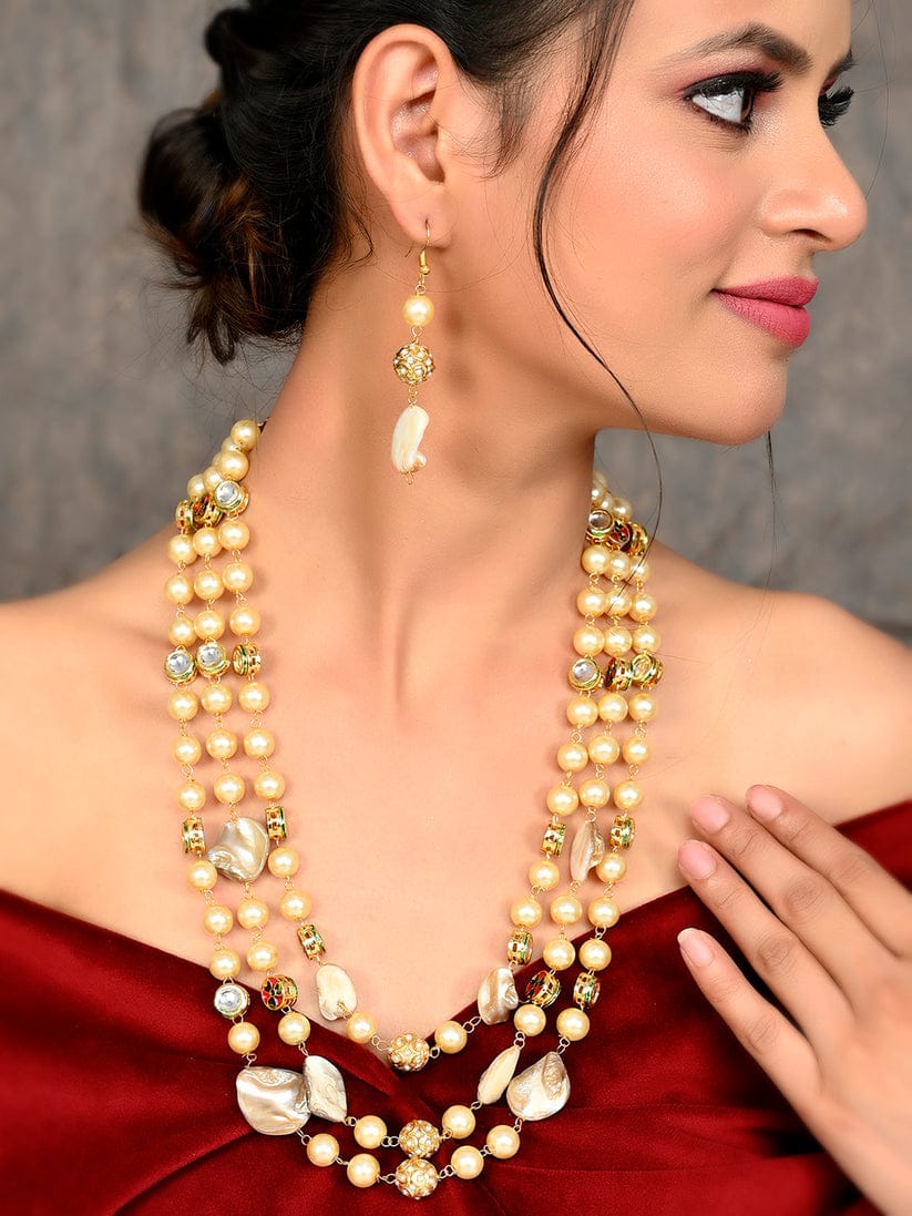 Pearl Kundan Mother of Pearl Long Jewellery Set - Image 2