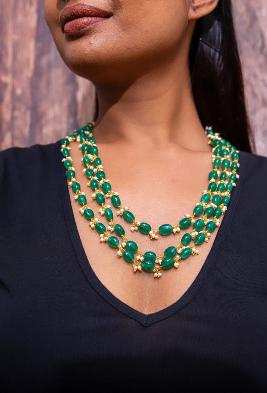 Empress Green Stone With White Pearl Necklace Set