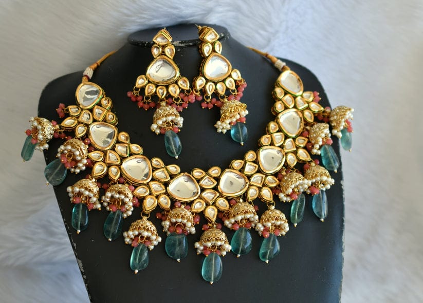 Green Stone And Kundan Jewellery Necklace Set In Mix Metal