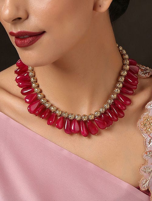 Red Necklace With Embossed Gold Beads And Dangling Red Stones - Image 3