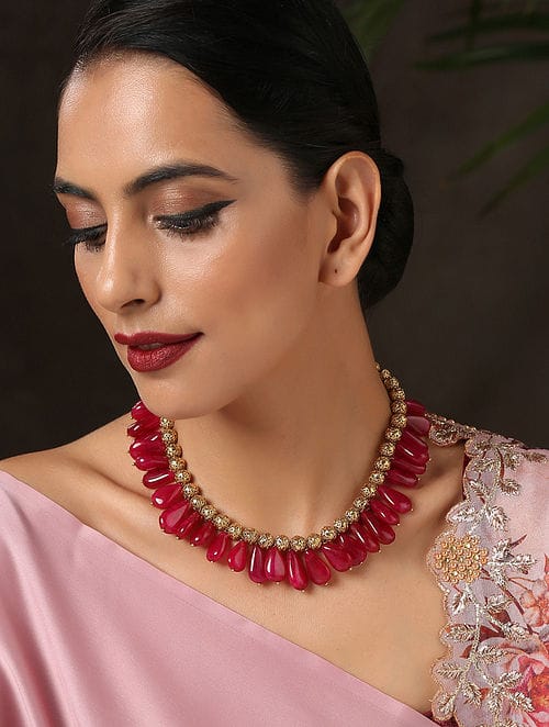Red Necklace With Embossed Gold Beads And Dangling Red Stones - Image 2