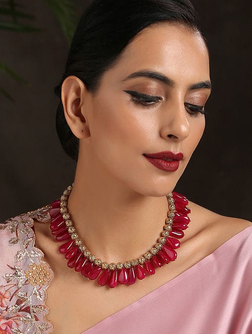 Red Necklace With Embossed Gold Beads And Dangling Red Stones - Image 4