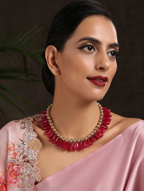 Red Necklace With Embossed Gold Beads And Dangling Red Stones