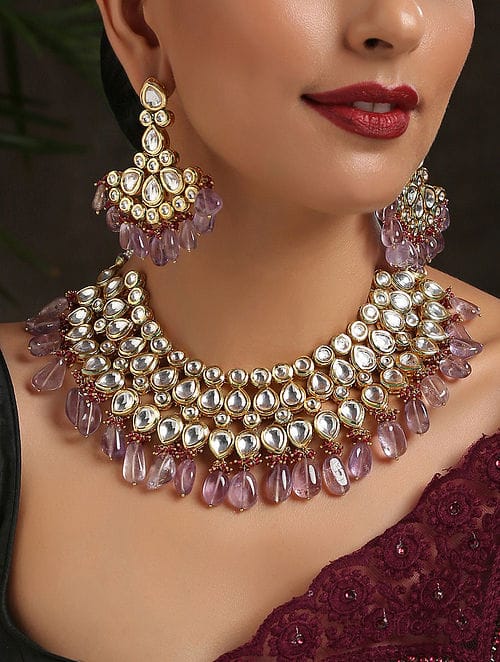 Gold Finish Kundan Choker Necklace Set - Image 3