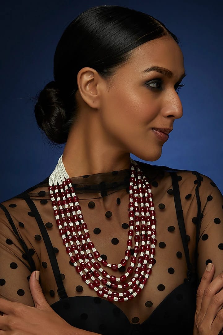 Red Beaded & Pearl Layered Necklace