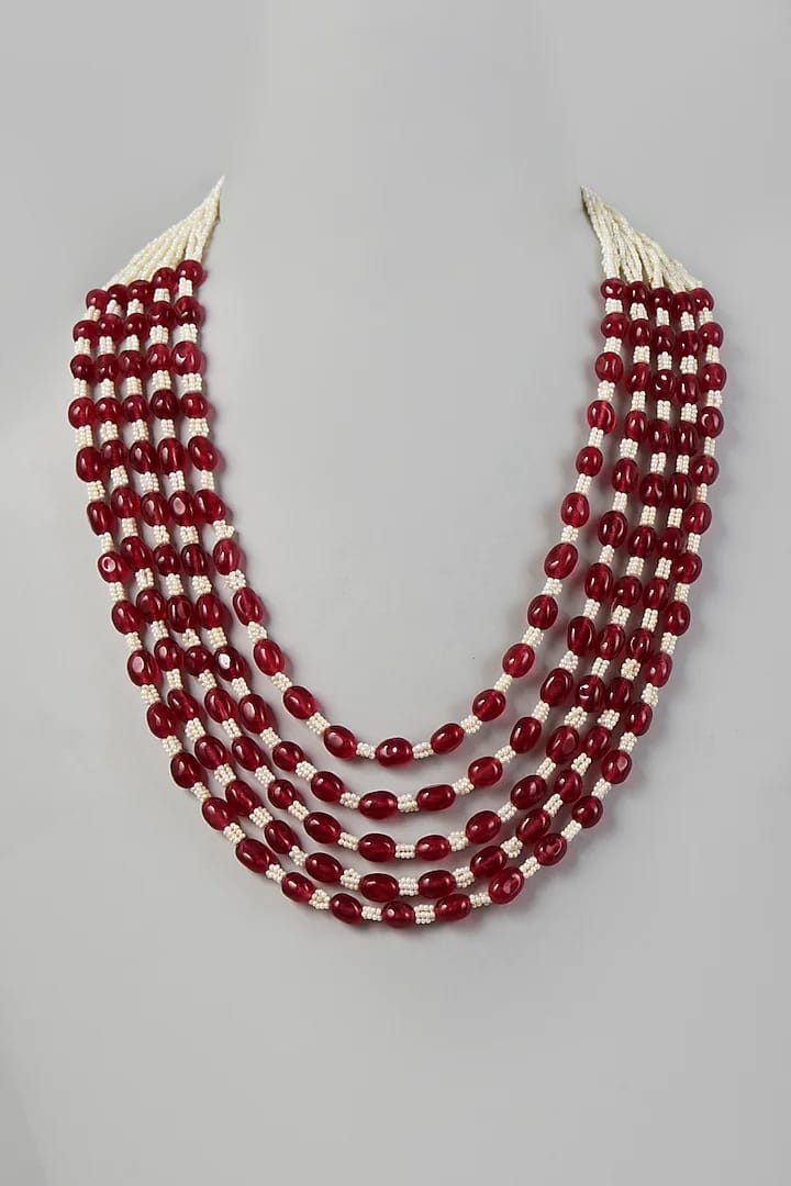 Red Beaded & Pearl Layered Necklace - Image 2