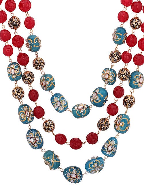 Gold Maroon Ethnic Artificial Stones Statement Necklace - Image 3