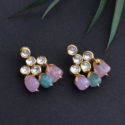 Pink And Aqua Gold Tone Kundan Earrings