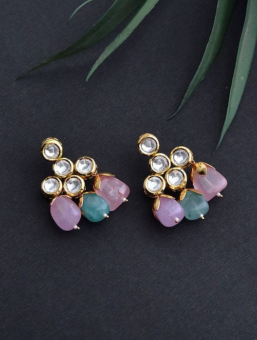 Pink And Aqua Gold Tone Kundan Earrings