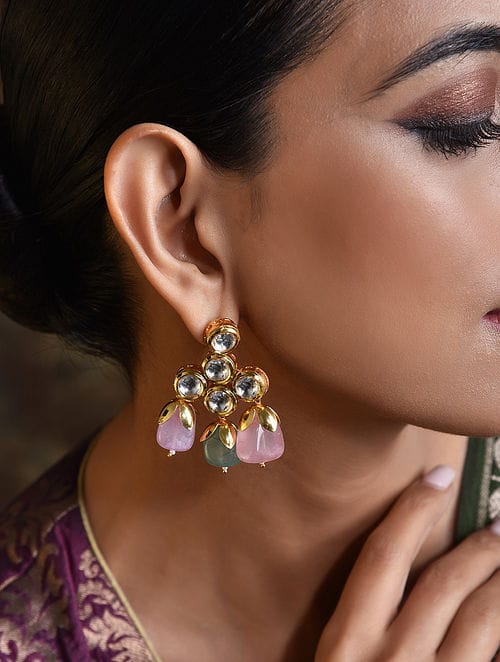 Pink And Aqua Gold Tone Kundan Earrings - Image 4