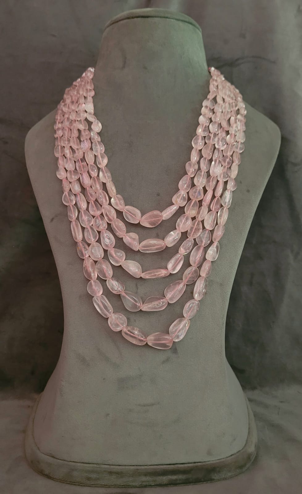 5 Line Natural Rose Quartz Smooth Fine Quality Beads Necklace