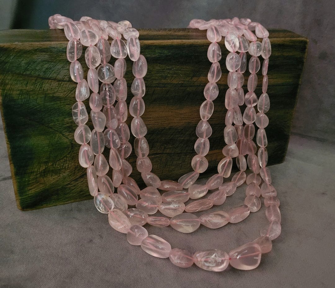 5 Line Natural Rose Quartz Smooth Fine Quality Beads Necklace - Image 2