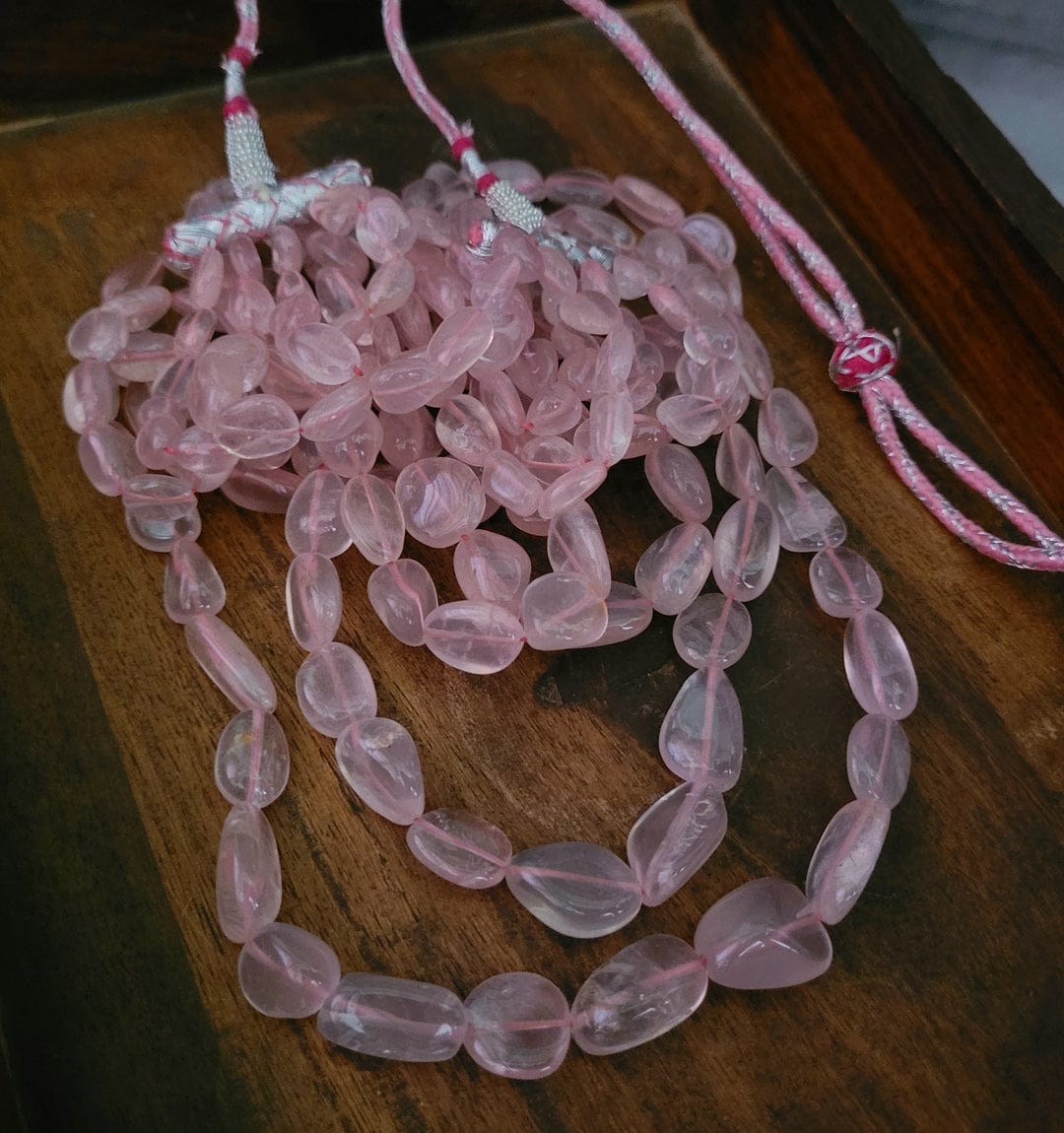 5 Line Natural Rose Quartz Smooth Fine Quality Beads Necklace - Image 4