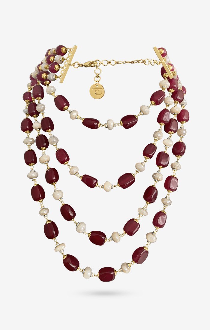 Gold Plated Pearl & Precious Carved Red Beaded Necklace - Image 2