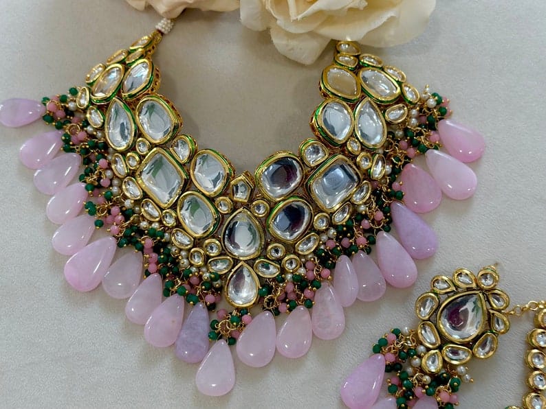Gold Plated Kundan Necklace Set With Earrings & Maangtika - Image 3