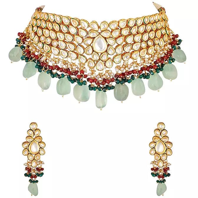Gold Plated Kundan Necklace Set With Earrings - Image 2
