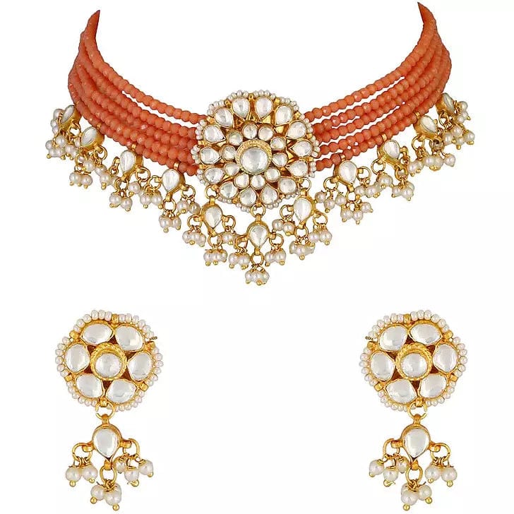 Gold Plated Kundan Necklace Set With Earrings - Image 2