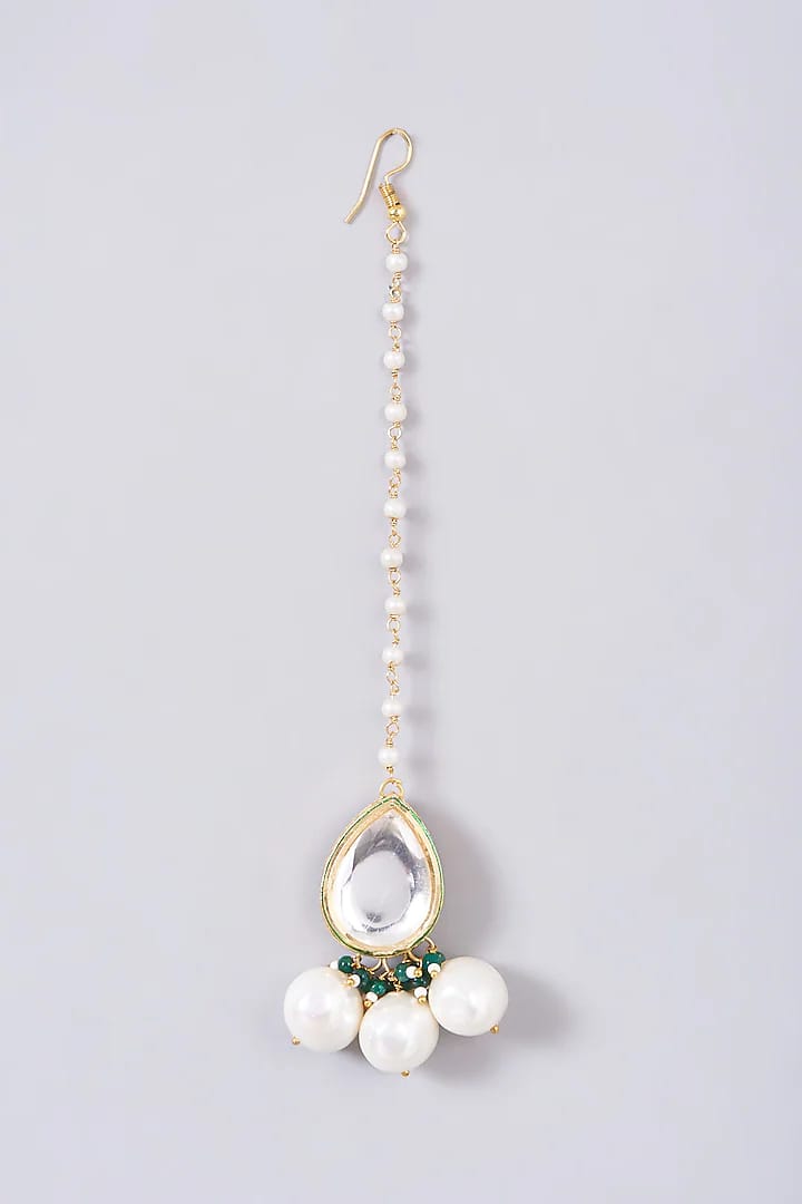 Gold Finish Kundan Polki & Pearl Necklace Set - Image 4