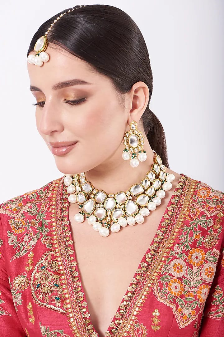 Gold Finish Kundan Polki & Pearl Necklace Set - Image 2