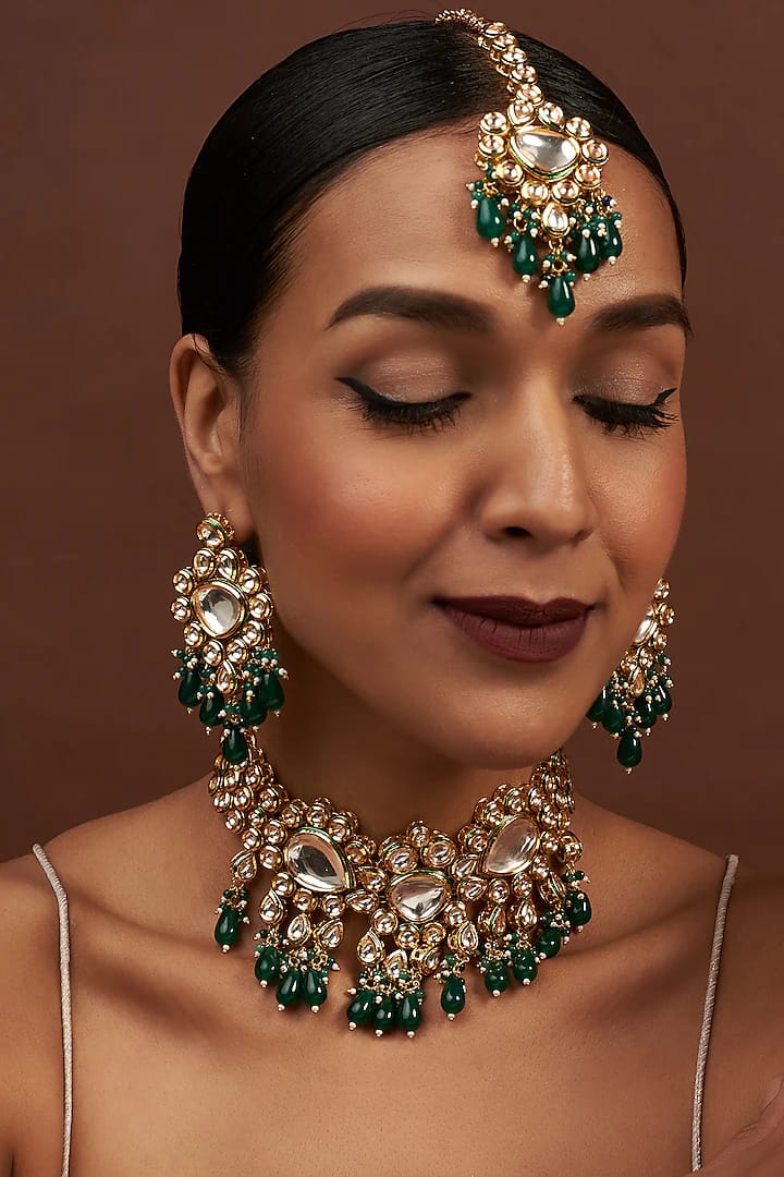 Gold Finish Kundan Polki & Green Beaded Choker Necklace Set - Image 2