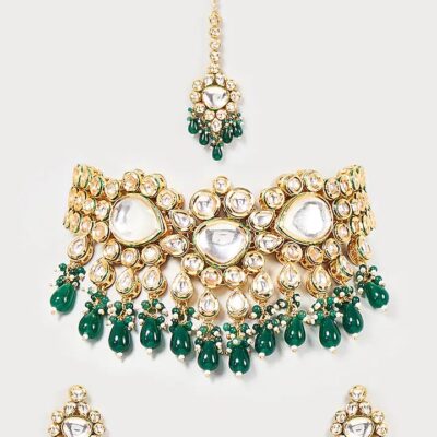 Gold Finish Kundan Polki & Green Beaded Choker Necklace Set