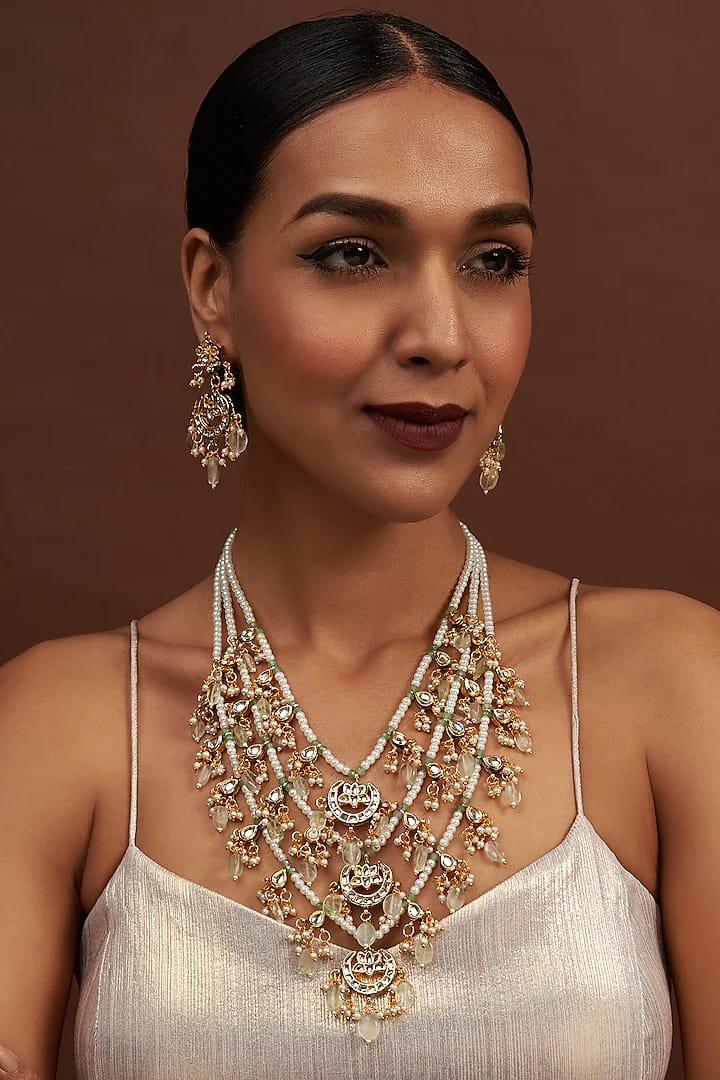 Gold Finish Kundan Polki & Pearl Long Necklace Set