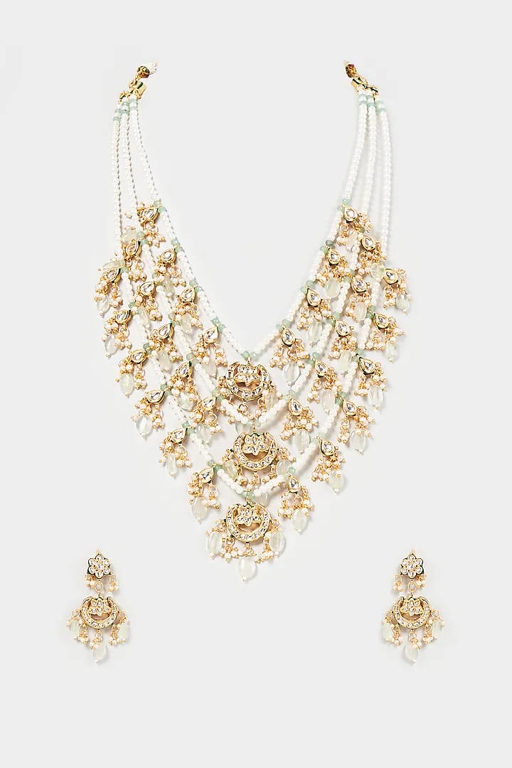 Gold Finish Kundan Polki & Pearl Long Necklace Set - Image 2