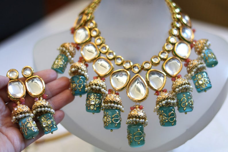 Kundan Polki Jhumki Necklace Set - Image 4