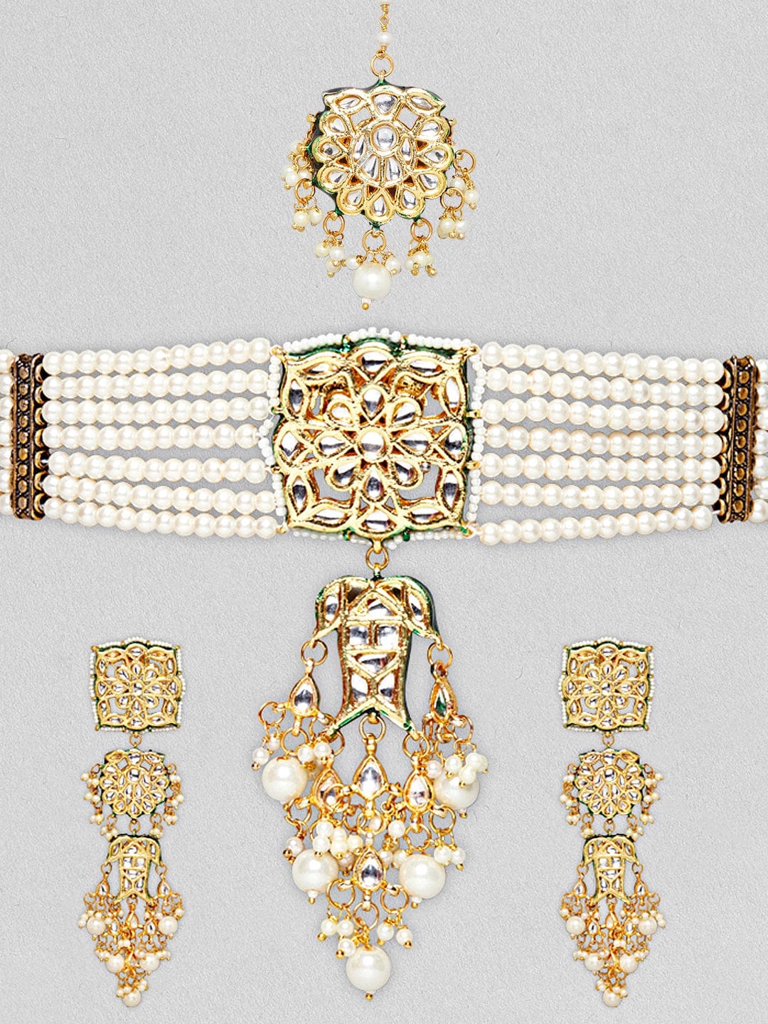 Gold Plated White Pearl Kundan Choker Necklace Set - Image 3