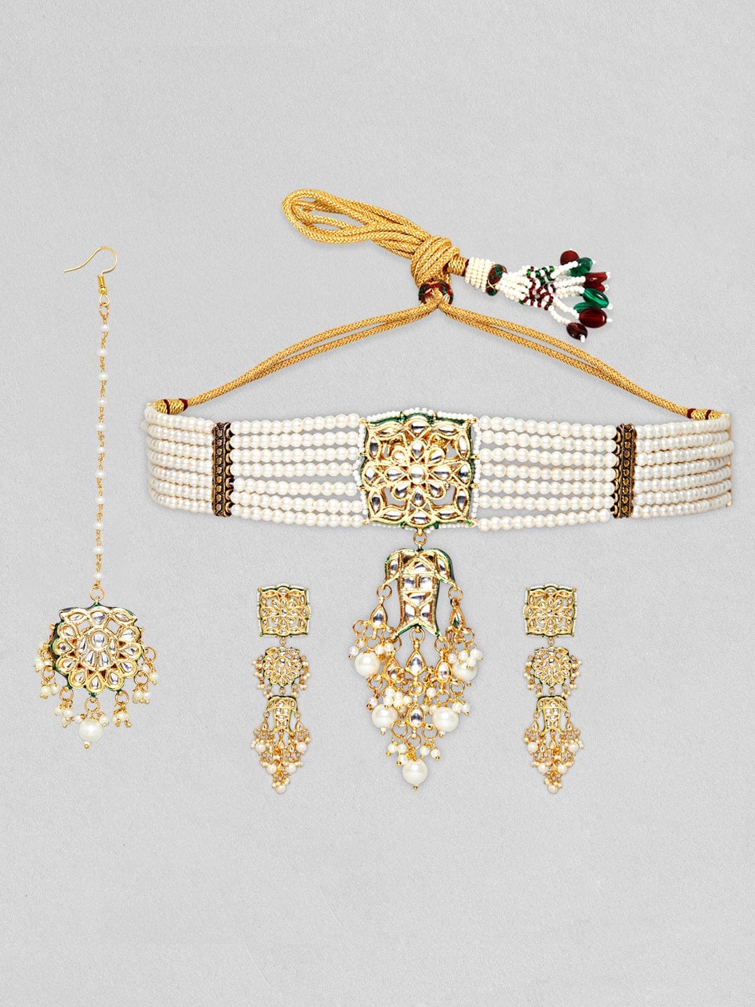 Gold Plated White Pearl Kundan Choker Necklace Set - Image 2