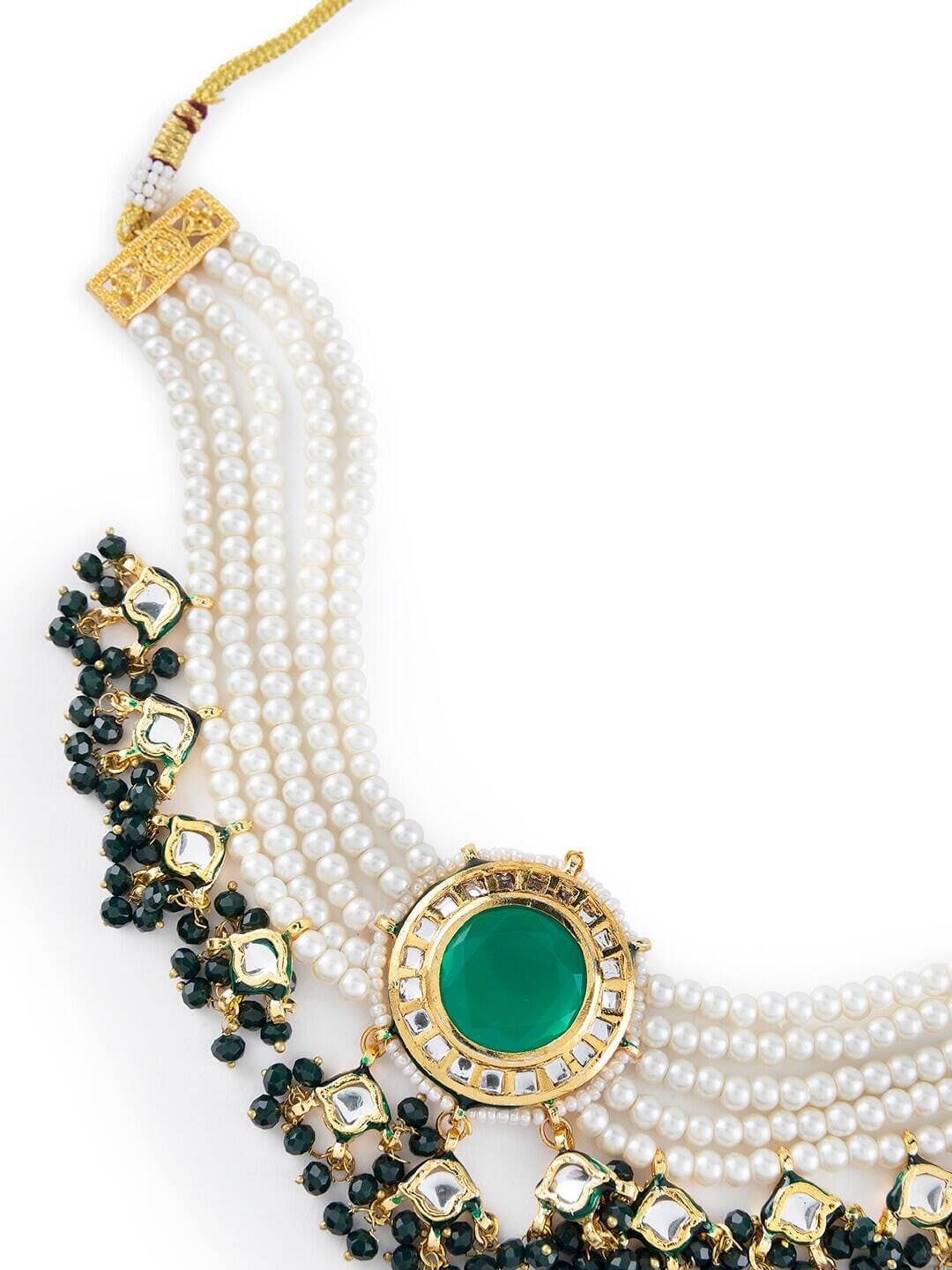 Green Kundan Multilayer Pearl Gold Plated Choker Jewellery Set - Image 5