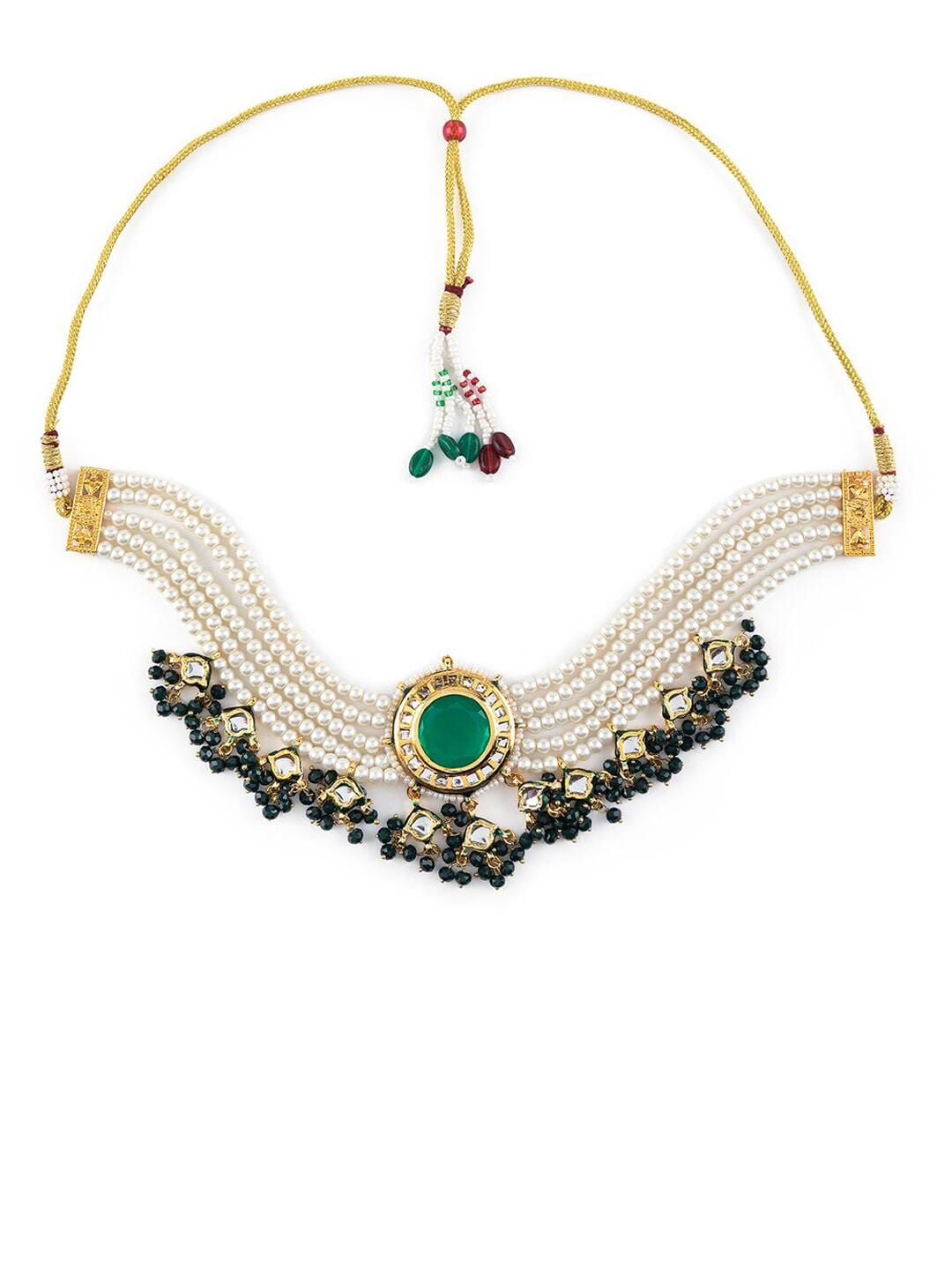 Green Kundan Multilayer Pearl Gold Plated Choker Jewellery Set - Image 4