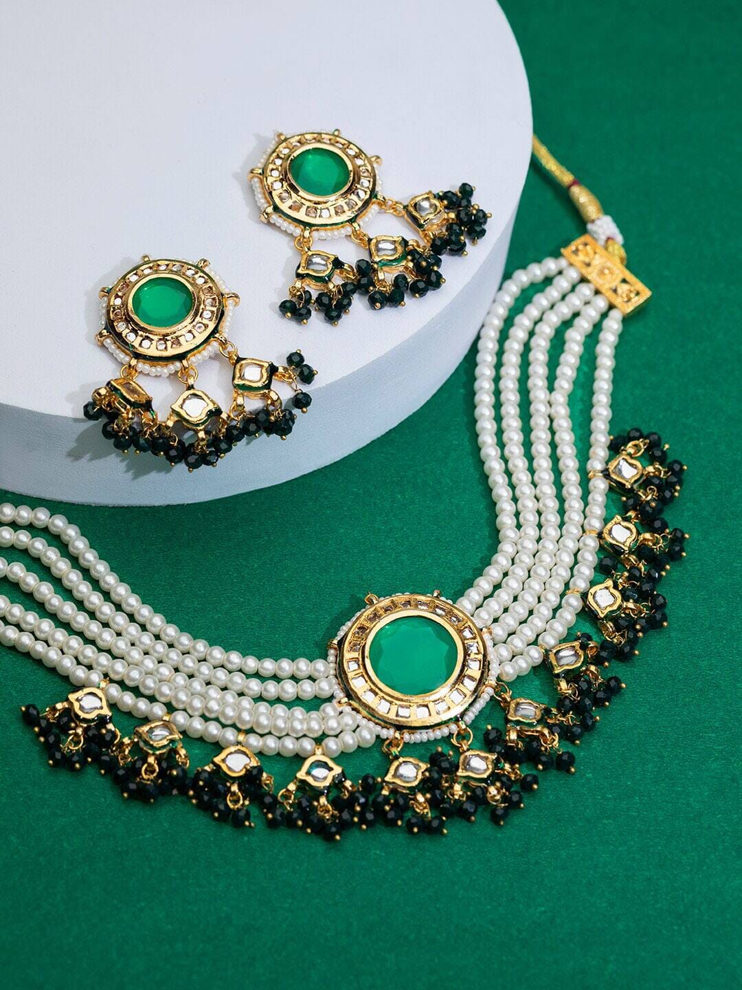 Green Kundan Multilayer Pearl Gold Plated Choker Jewellery Set