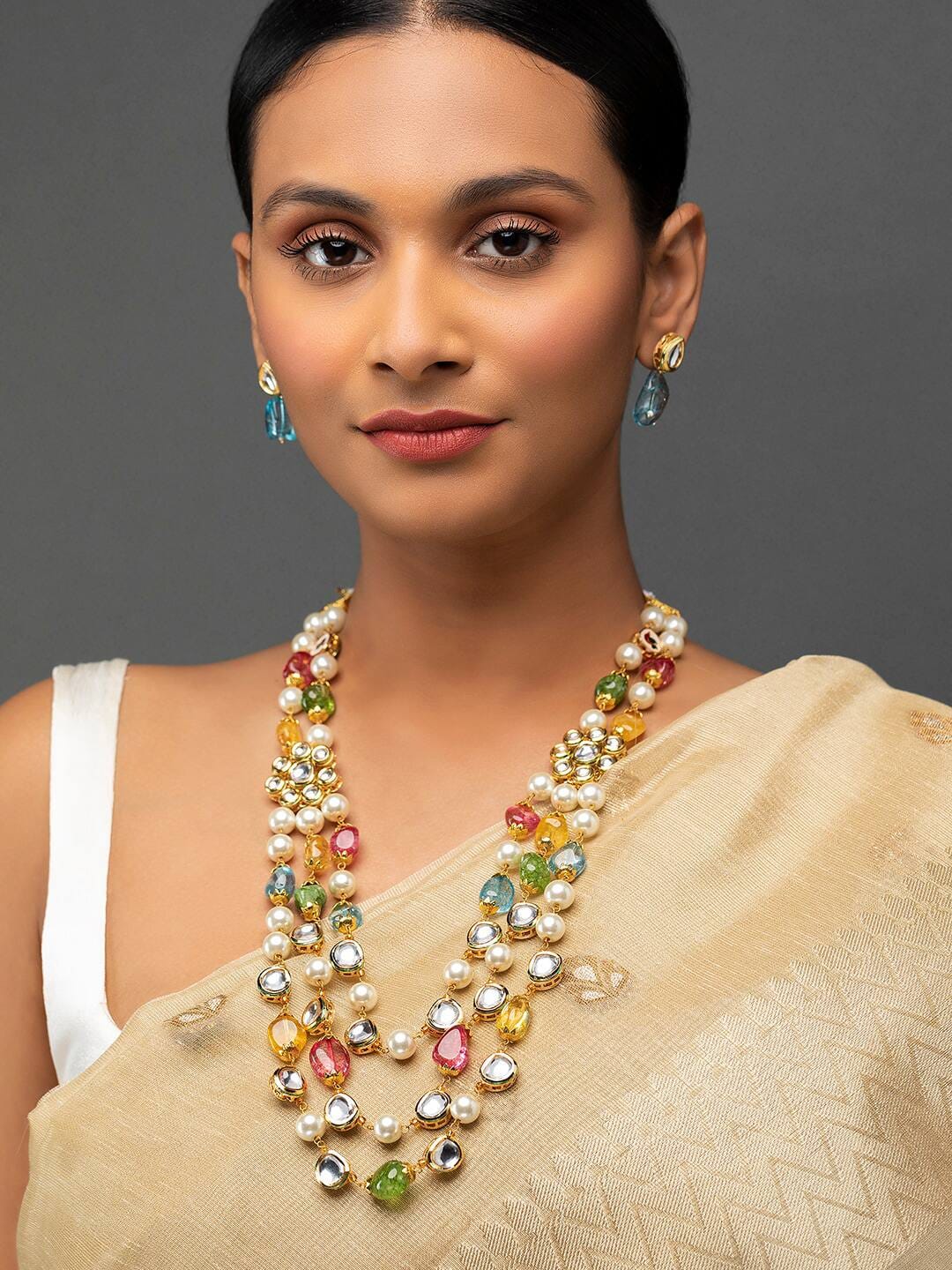 3 Layer Kundan & Pearl Jewellery Set