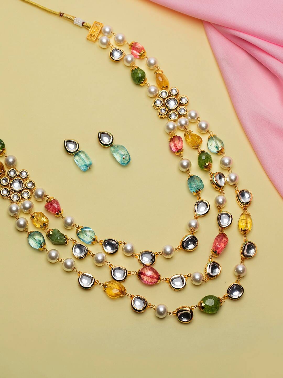3 Layer Kundan & Pearl Jewellery Set - Image 2