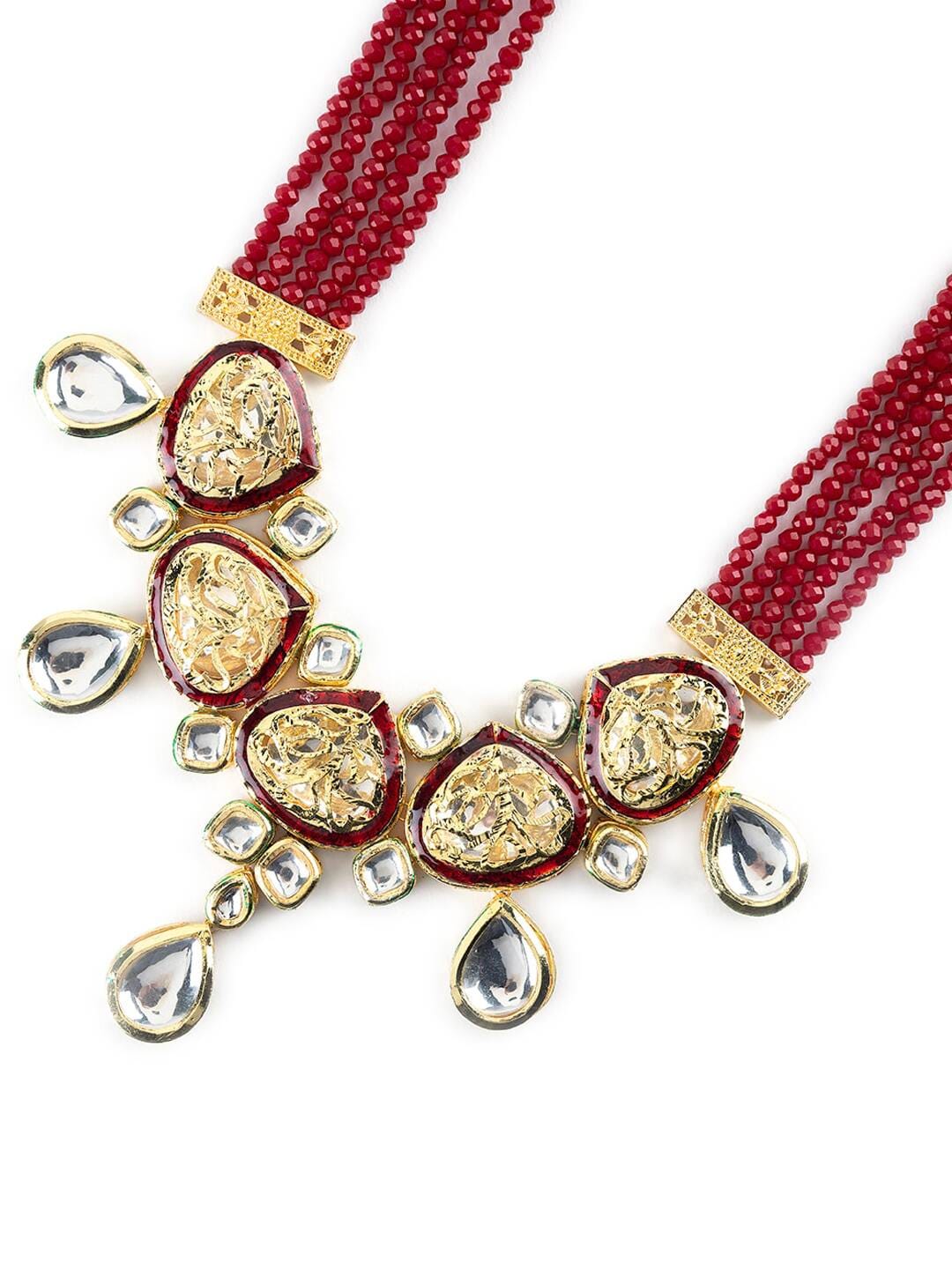 Elegant Kundan Studded Carved Multilayer Gold Plated Jewellery Set - Image 5