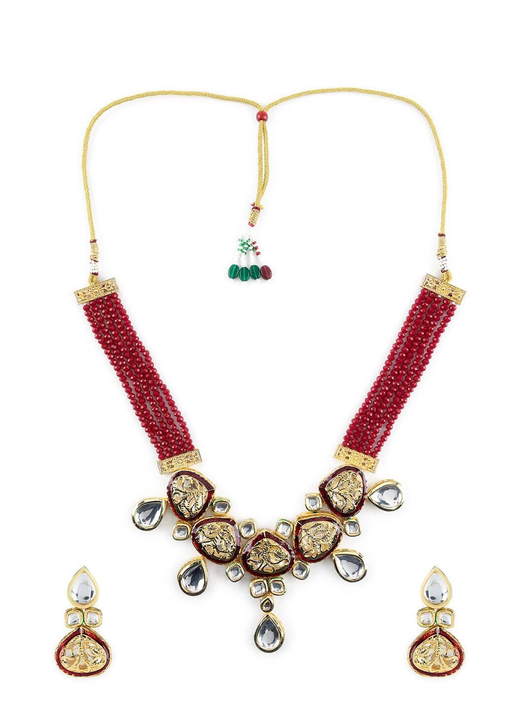 Elegant Kundan Studded Carved Multilayer Gold Plated Jewellery Set - Image 3