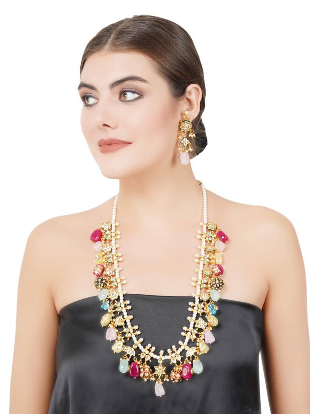 Gold Plated Kundan Elegant Navratna Multi Color Necklace Set - Image 2