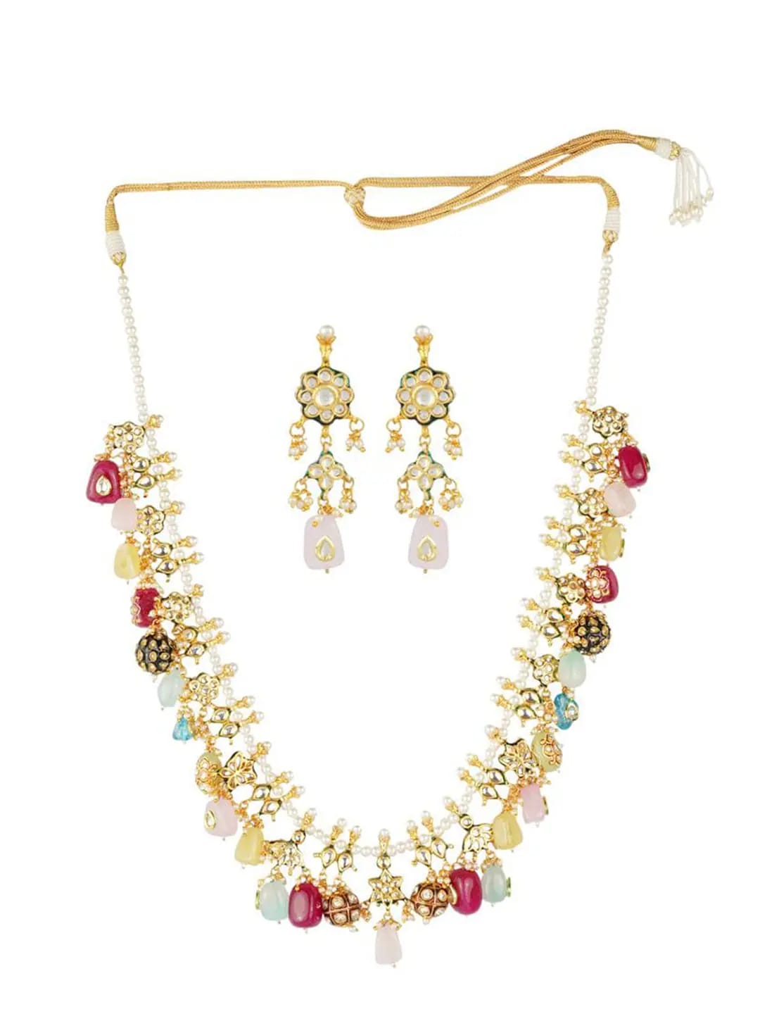 Gold Plated Kundan Elegant Navratna Multi Color Necklace Set - Image 3