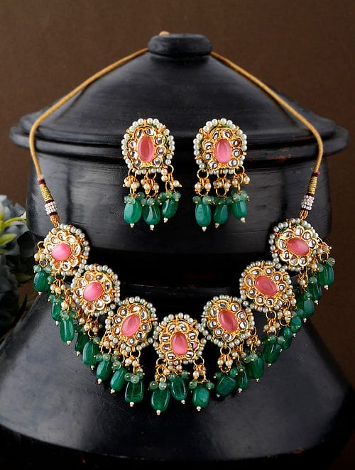 Green Pink Gold Tone Kundan Necklace Set