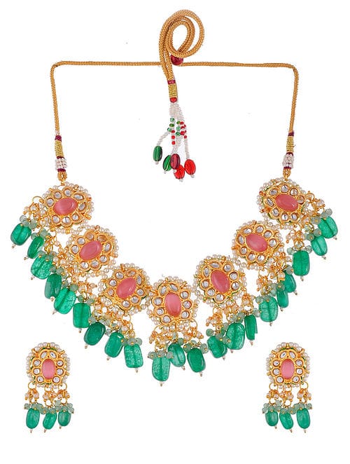 Green Pink Gold Tone Kundan Necklace Set - Image 3