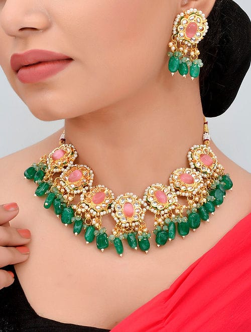 Green Pink Gold Tone Kundan Necklace Set - Image 2