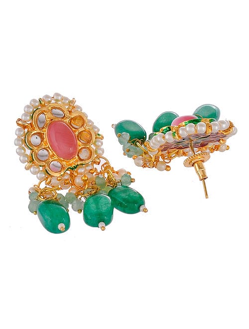 Green Pink Gold Tone Kundan Necklace Set - Image 6