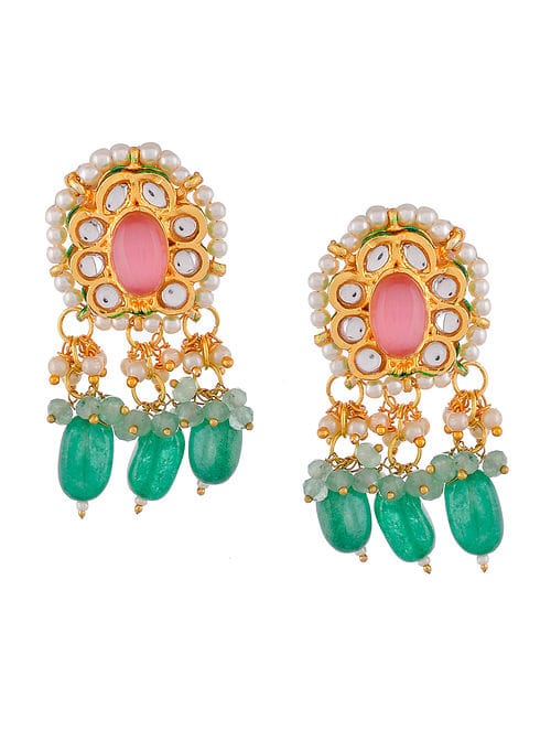 Green Pink Gold Tone Kundan Necklace Set - Image 5