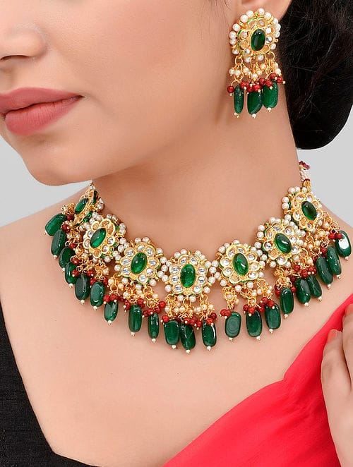 Gold Platead Handcrafted Green Kundan Necklace Set - Image 2