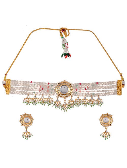 Gold Plated Designer Pearl Beaded Choker Necklace Set - Image 3