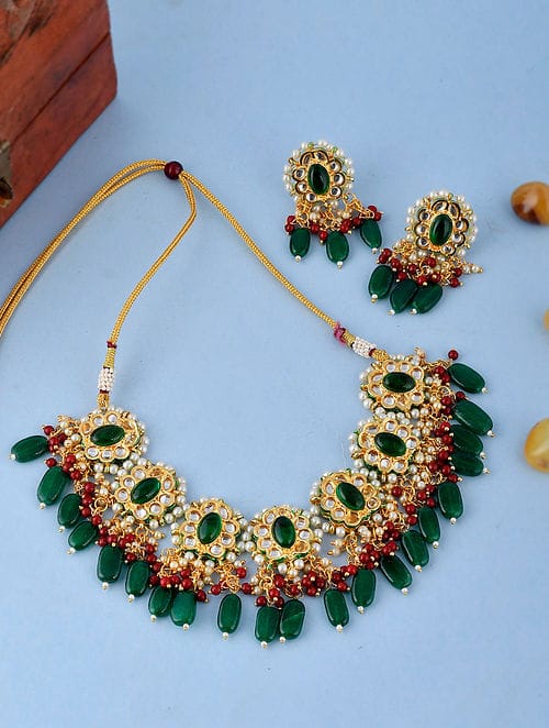 Gold Platead Handcrafted Green Kundan Necklace Set
