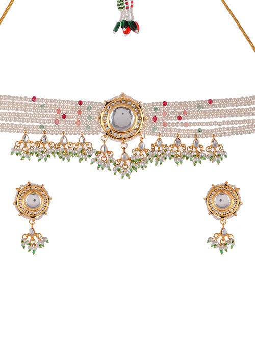 Gold Plated Designer Pearl Beaded Choker Necklace Set - Image 4