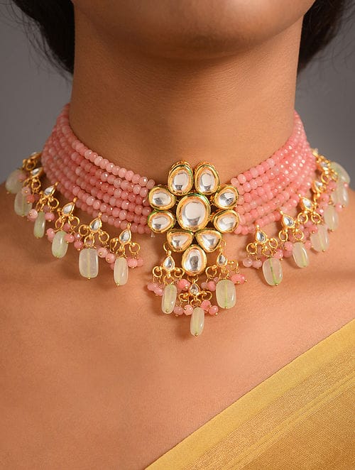 Gold Plated Meenakari Kundan, Emerald & Pearls Layered Necklace With Earrings - Image 2