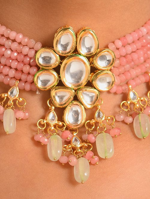 Gold Plated Meenakari Kundan, Emerald & Pearls Layered Necklace With Earrings - Image 3